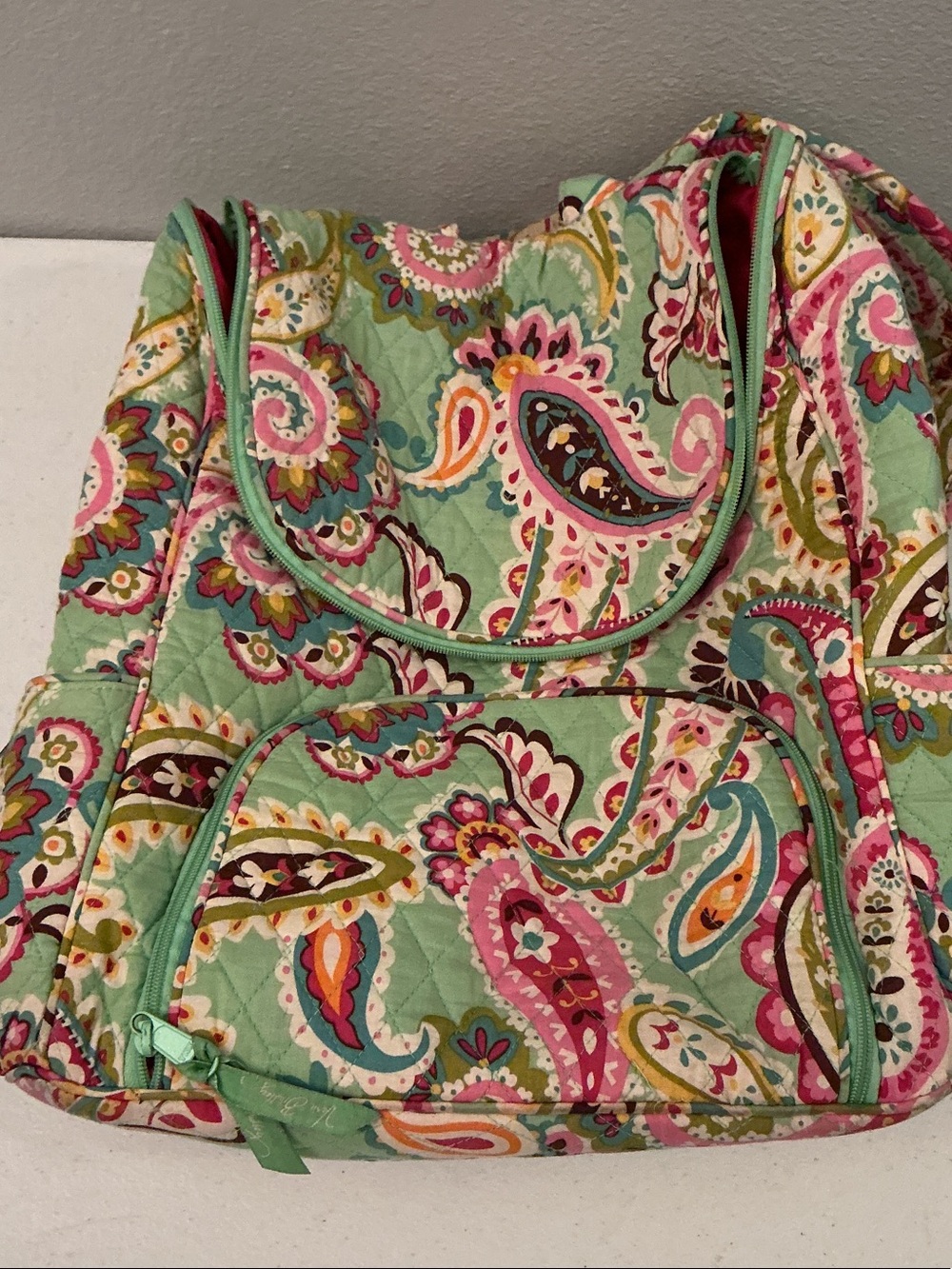 Retired Vera Bradley Quilted Backpack Tutti Fruitti in Mint and Pink Paisley
